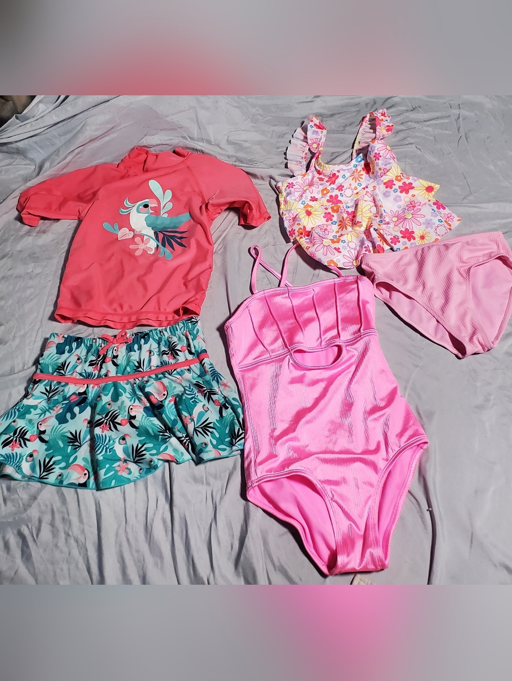 Girl 7-8Y Mixed Swimsuit Set — Pink & Teal Floral Pieces